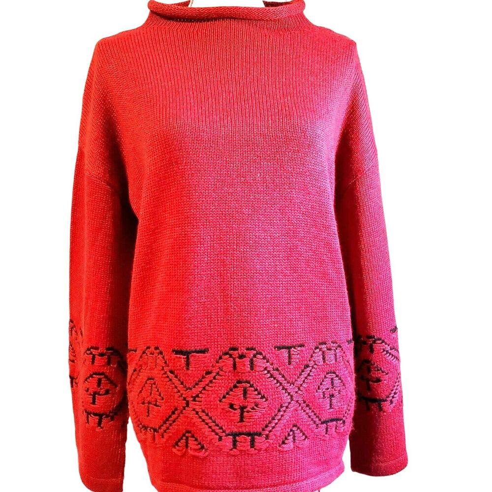 PBJ Sport Sweater Size M Red & Black Nordic Print Faux Turtleneck Comfort New